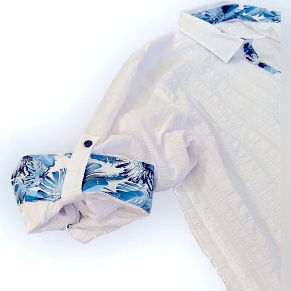 ENVY Womens Shirt Large White Blue Tropical Hawaiian Button-Front Resort Beach - Picture 5 of 10